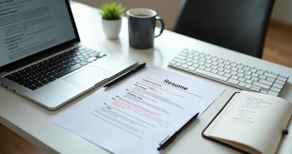 Pessoa revisando currículo em inglês no notebook com anotações à mão ao lado