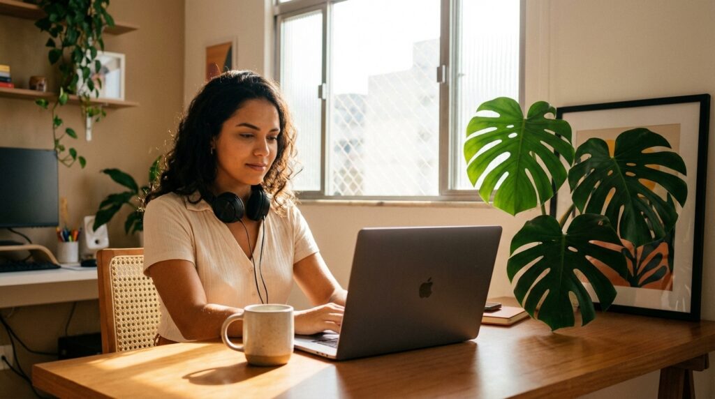 Pessoa montando currículo remoto em laptop cercado por ícones de ferramentas digitais