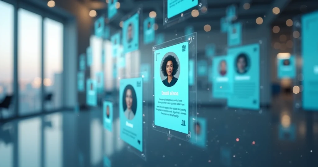 Tela de perfil do LinkedIn destacada em um parede de perfis menores ao fundo