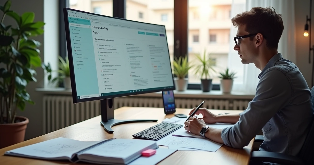 Profissional organizando procura de empregos com ajuda de IA e anotações manuais