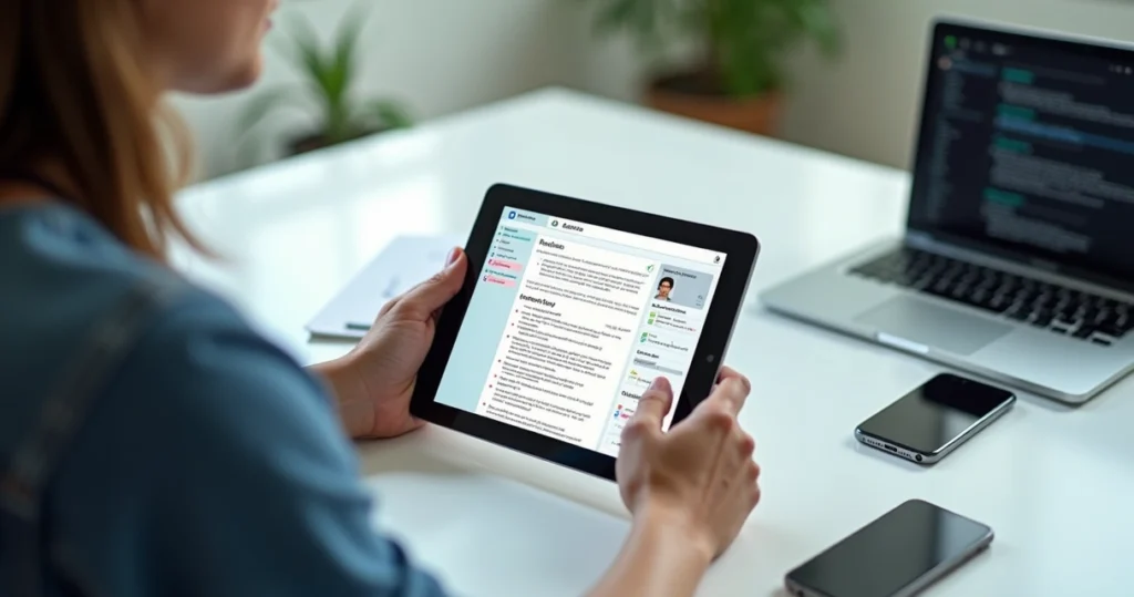 Profissional ajustando currículo em tablet com comentários de melhoria ao redor