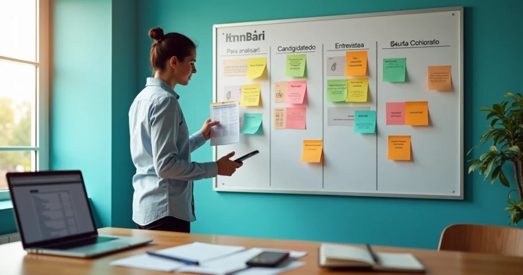 Profissional organizando candidaturas de emprego em quadro Kanban colorido
