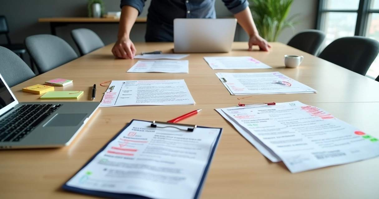 Mesa com currículos cheios de marcas de erro e um recrutador avaliando