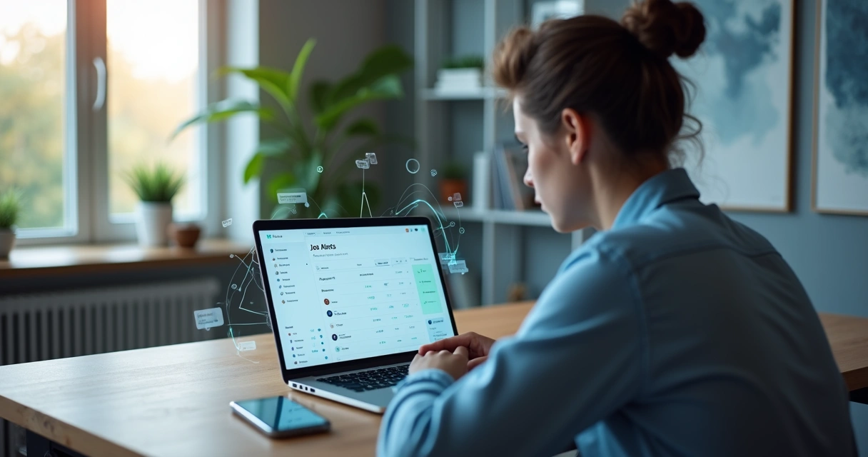 Young professional checking AI job alerts on a laptop dashboard with highlighted matches