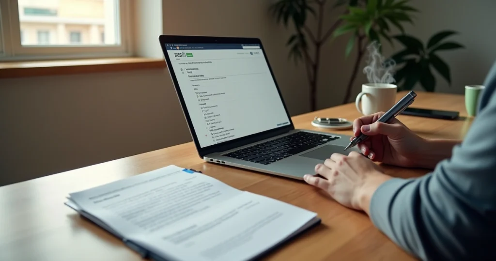 Candidato preenchendo questionário de emprego online com apoio de assistente de IA na tela do laptop